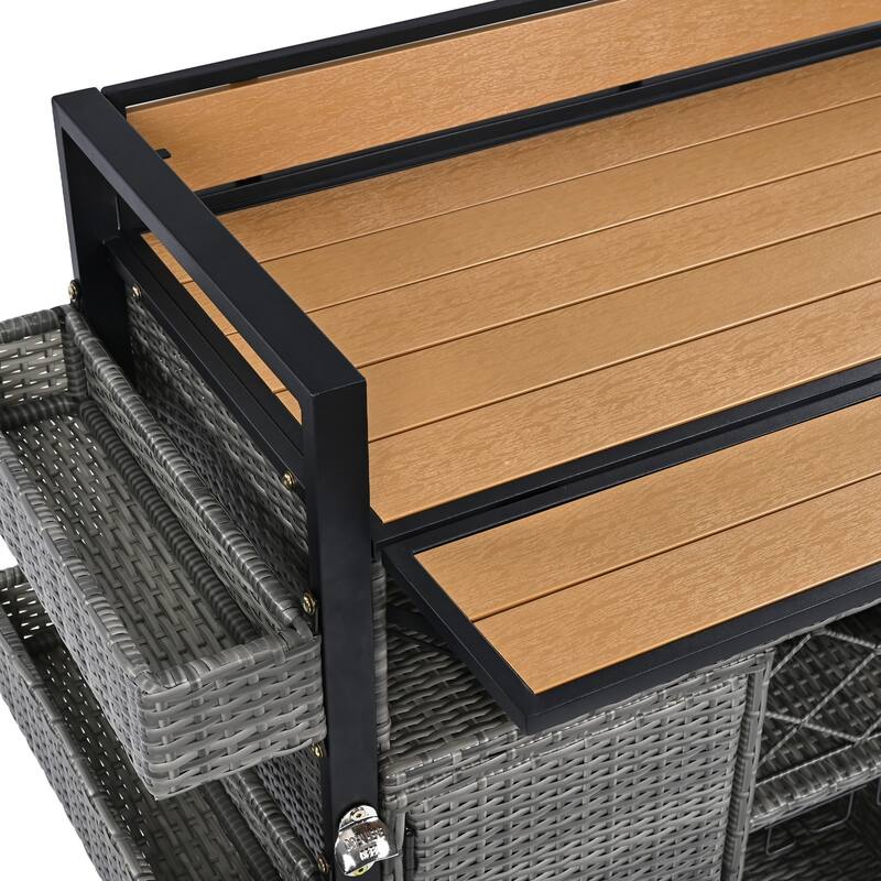 Wicker Outdoor Grill Cart with Extended Plastic Wood Table Top,For Patio Backyard Garden Poolside