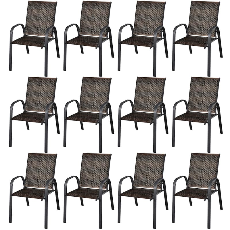 Costway Set of 12 Patio Rattan Dining Chairs Stackable Armrest Garden - See Details - Brown