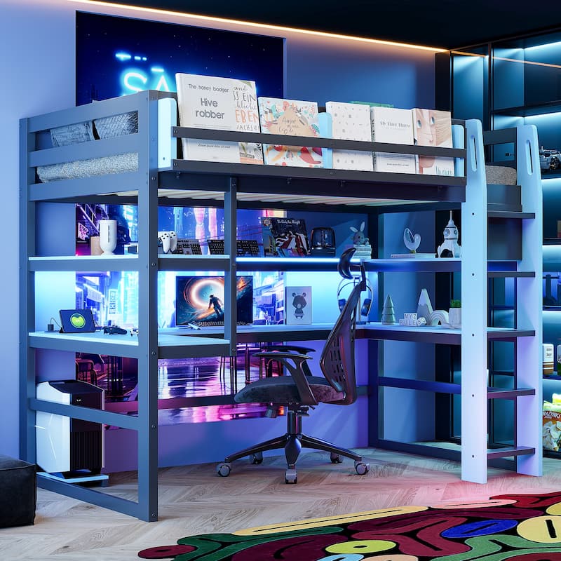 Loft Bed with Wraparound Study Hub, Side Storage Rack, USB Charging & RGB Light by Harper&Bright Designs - Blue - Full