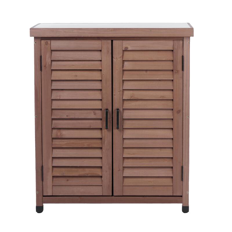 GDF Studio - Outdoor Wooden Potting Bench with Metal Tabletop Workstation and Storage Cabinet