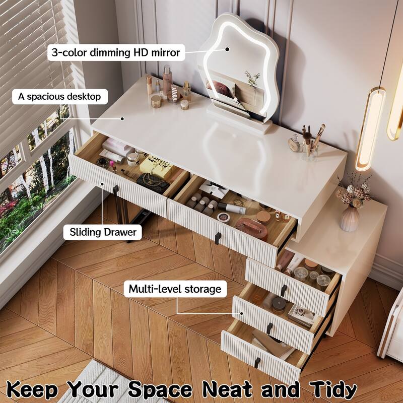 Adjustable-Length Vanity with Cloud LED Mirror - Modern Makeup Table with Storage Drawers & Side Cabinet, Ribbed Texture Design
