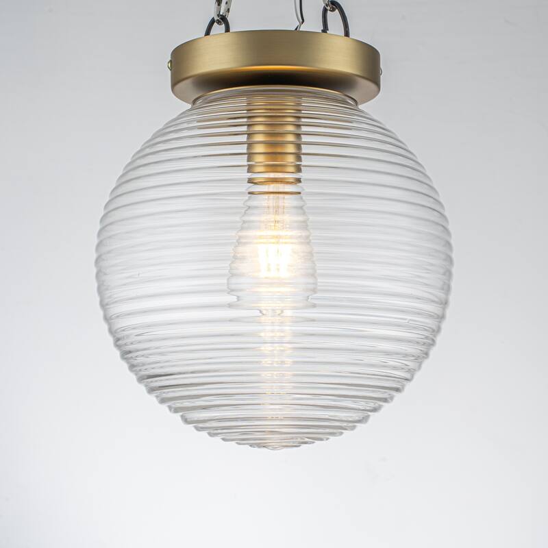 9.84 in. 1-Light Modern Brushed Gold Ribbed Clear Glass Globe Semi-Flush Mount Ceiling Light - 9.84 in. W x 10.63 in. H