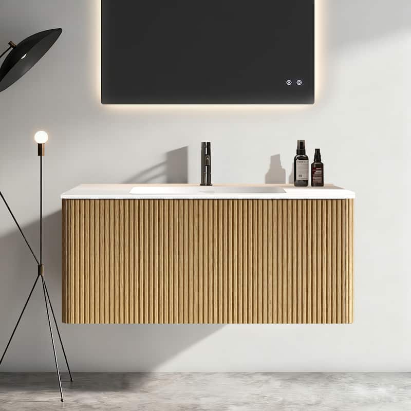 GDFStudio - Etna Floating Bathroom Vanity with Integrated Ceramic Sink, Modern Handle-Free Wall-Mounted Design, Pre-Assembled - 36" - White+Oak