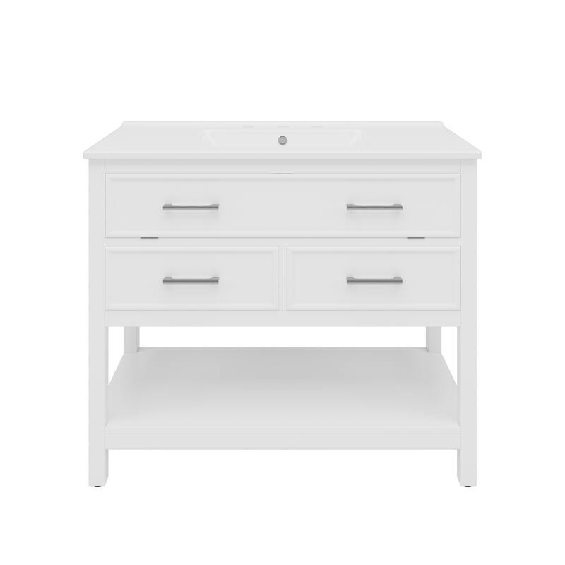 36" Bathroom Vanity with Ceramic Sink, Tip-Out Tray, 2 Full-Extension Soft Close Drawers, Silver Pulls and Open Shelf