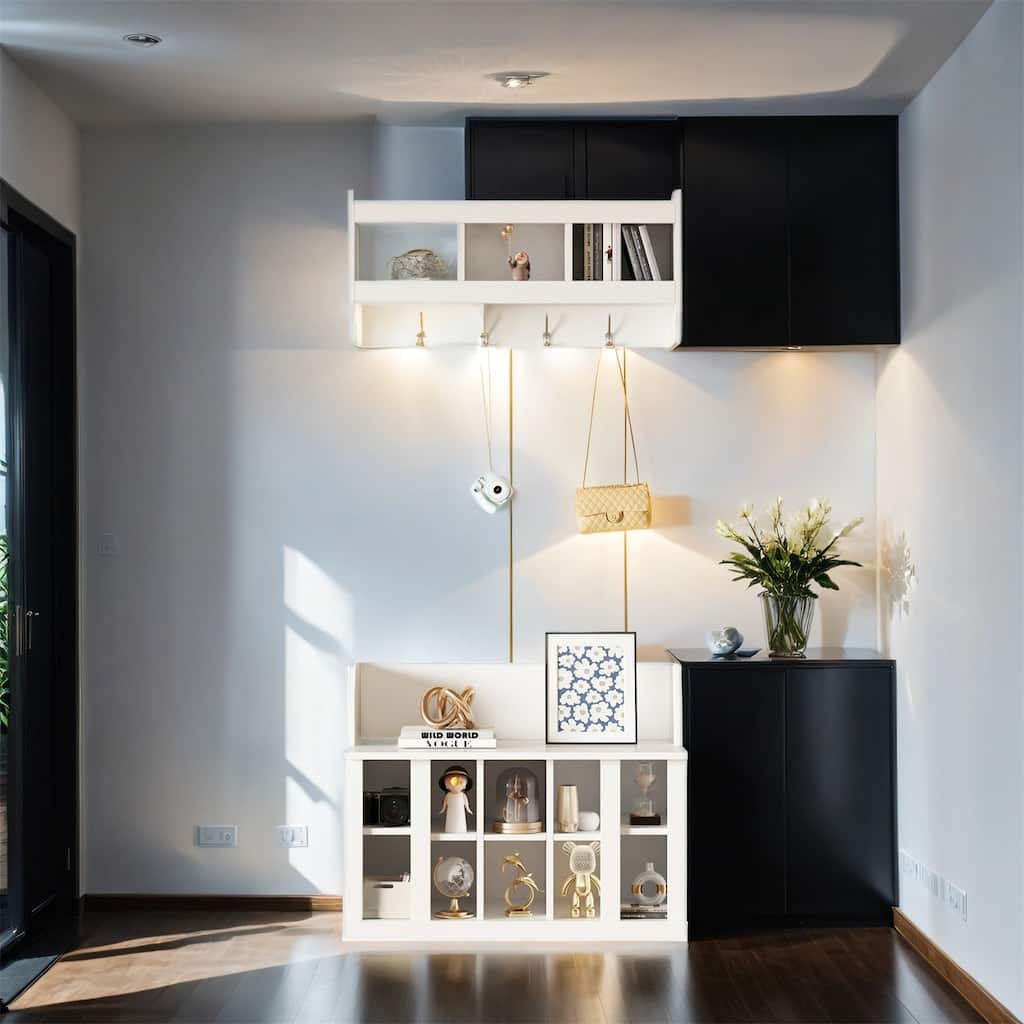 Shoe Storage Bench with Shelves and 4 Hooks, Wall Mounted Coat Rack