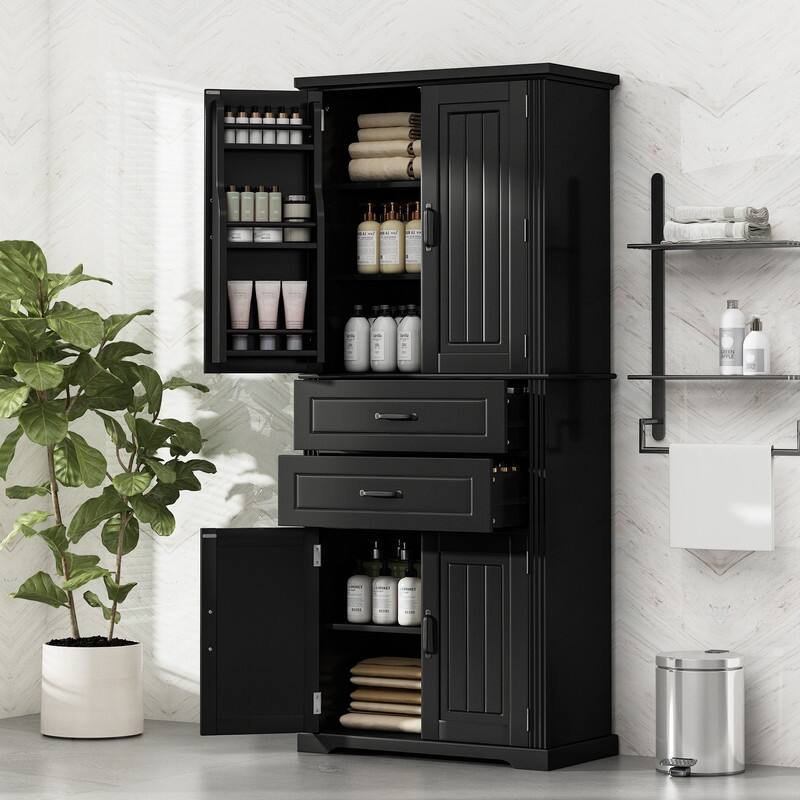 Bathroom Storage Cabinet with 2 Drawers with Slide Rails, Adjustable Shelf - Black