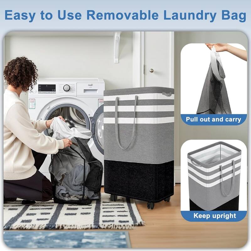 80L Large Laundry Basket, Laundry Hamper with 4 Wheels, Collapsible Waterproof Clothes Basket, Freestanding Hamper with Handles