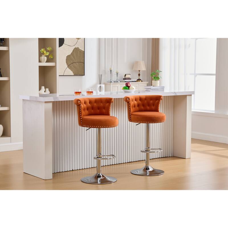 Velvet Upholstered Bar Stool Set of 2, Adjusatble Height Swivel Bar Stools, Dining Chairs with Curved Backrest & Footrest