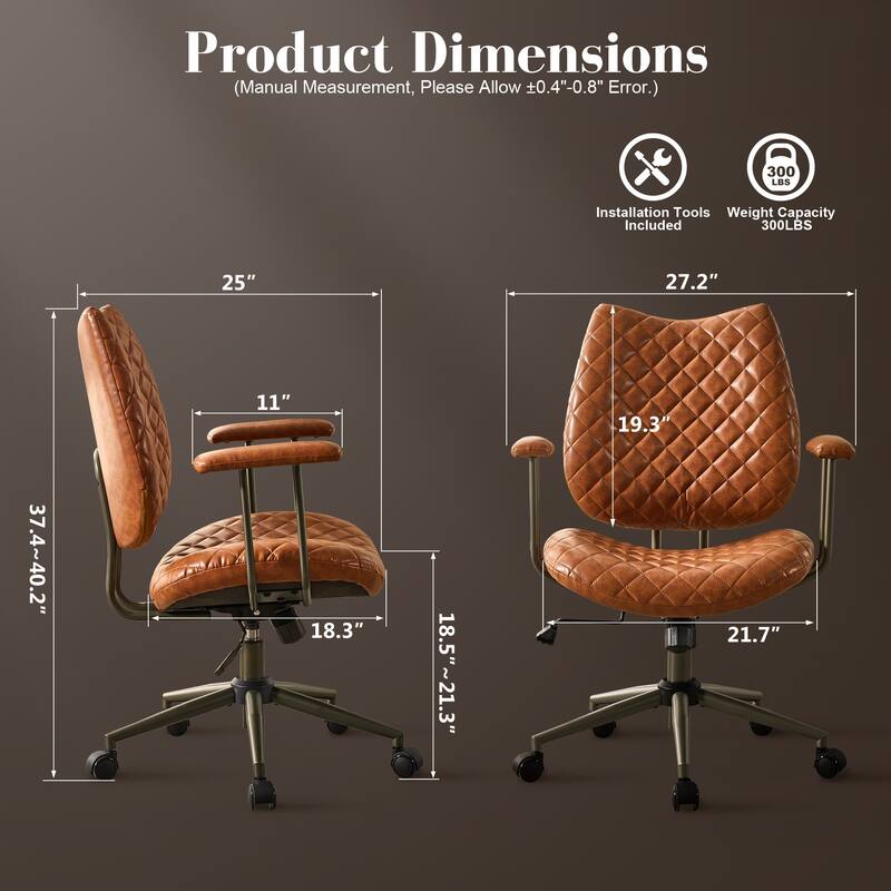 HOOOWOOO Mid-Century Leather Ergonomic Office Chair Adjustable Swivel Task Chair