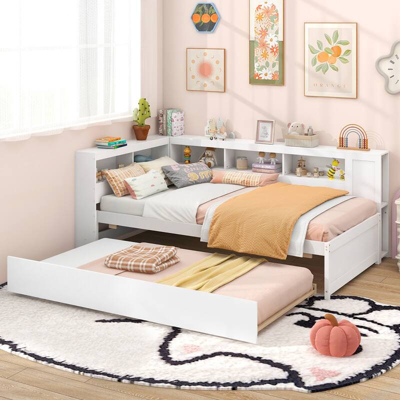 Gymax Twin Size Daybed w/ Trundle Bedside Shelves Reversible Bookcase