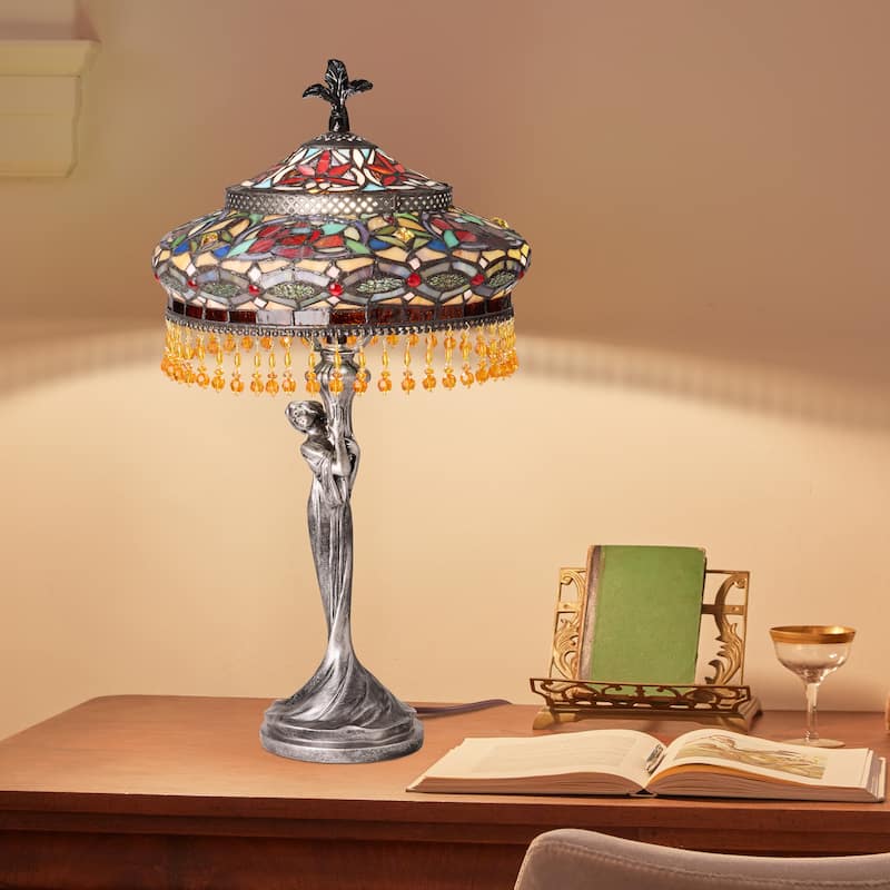 Parisian River of Goods Antique Silver Polyresin and Stained Glass Bell Shade 24-Inch Table Lamp - 12" X 12" X 24"