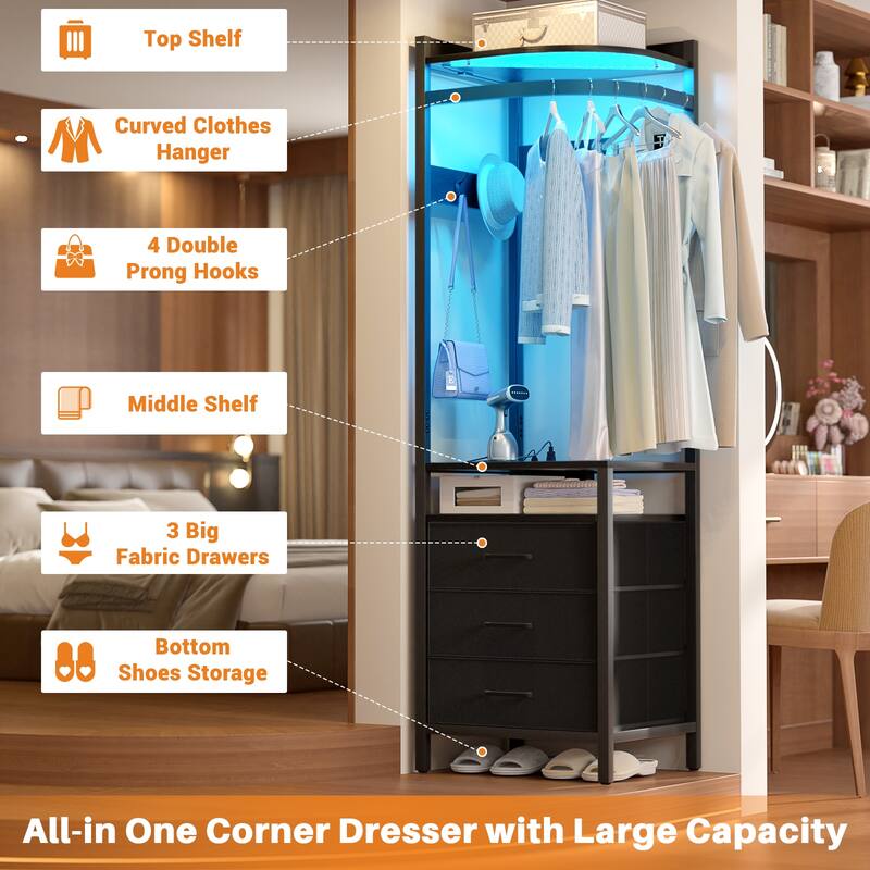 Corner Garment Rack with Power Outlets & LED Lights, Closet Organizer with 3 Fabric Drawers