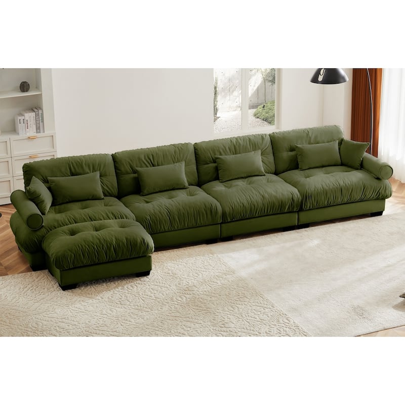 L-shaped Convertible Velvet Sectional Cloud Sofa with Ottoman & Pillows
