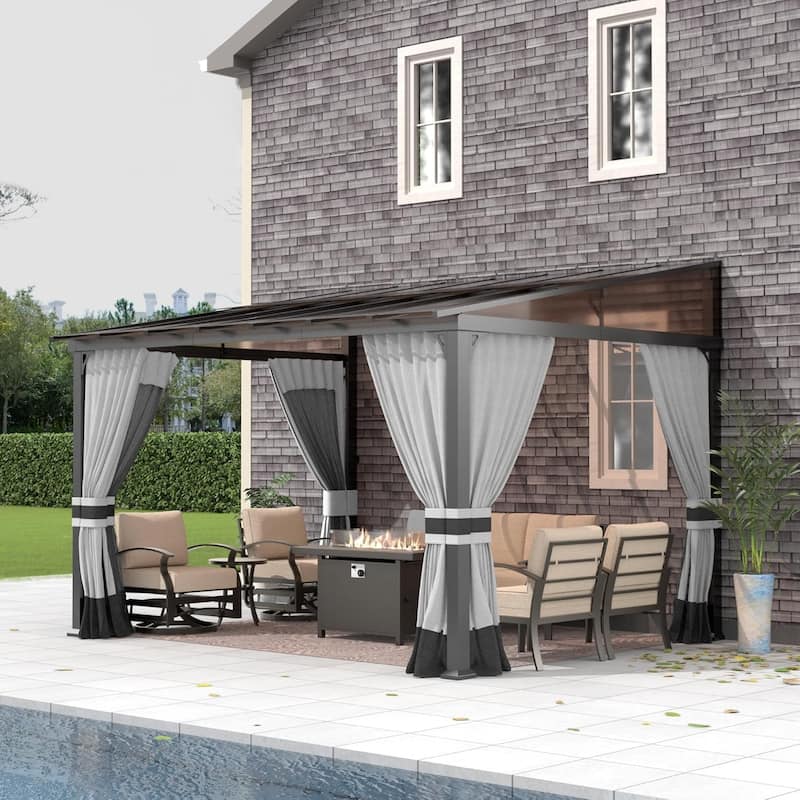 Wall Mounted Gazebo, Hardtop Permanent Outdoor Shade Canopy with Curtains for Deck, Backyard, Patio