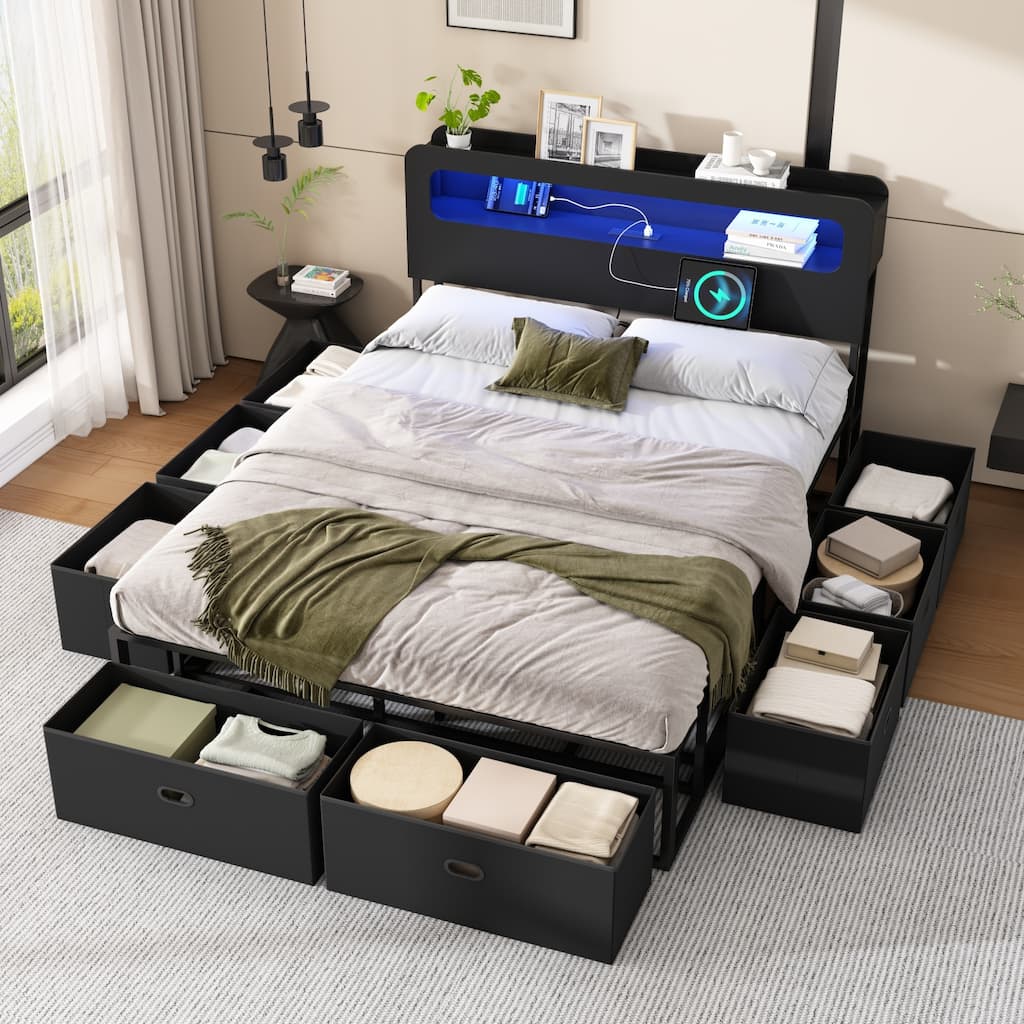 Queen Size Bed Frame with 2-Tier Storage & LED Light Headboard, USB Port & Type C, with 8 Fabric Underbed Storeage Drawers