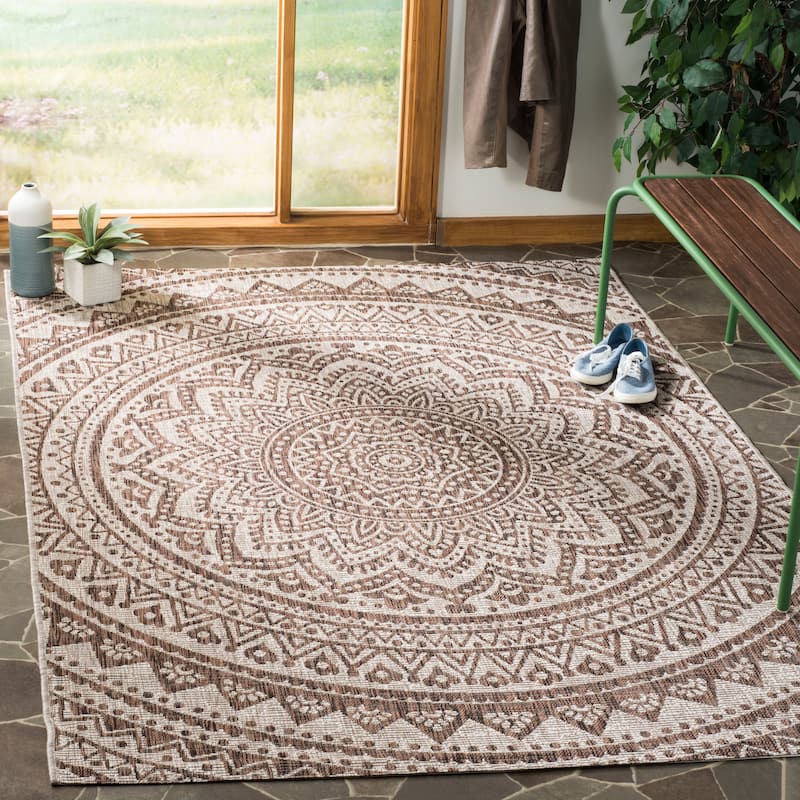 SAFAVIEH Courtyard Fran Mandala Indoor/ Outdoor Waterproof Patio Backyard Rug - 3' Square - Light Beige/Light Brown