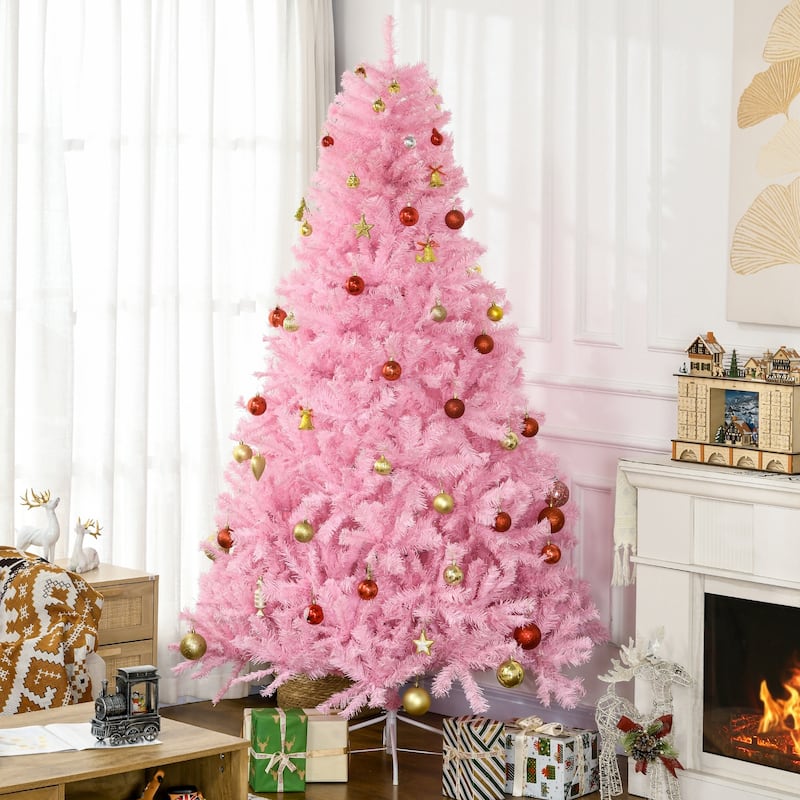 HOMCOM 7ft Tall Artificial Christmas Tree Holiday Décor with 1288 Branches, Auto Open, Steel Base, Wide Shape, Pink - 6.89 ft - 7 Foot - Pink