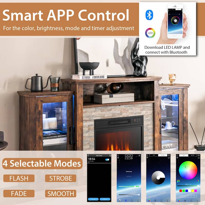 Electric Fireplace TV Stand with 16-Color LED Lights and Adjustable Glass Shelves for Living Room - 59" x 10" x 32.5"