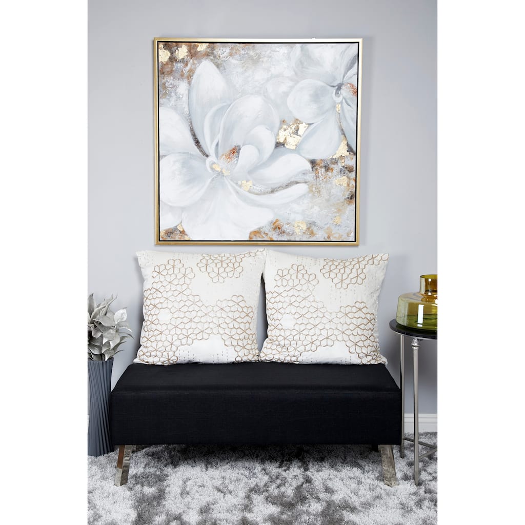 White Canvas Handmade Floral Framed Wall Art with Gold Frame