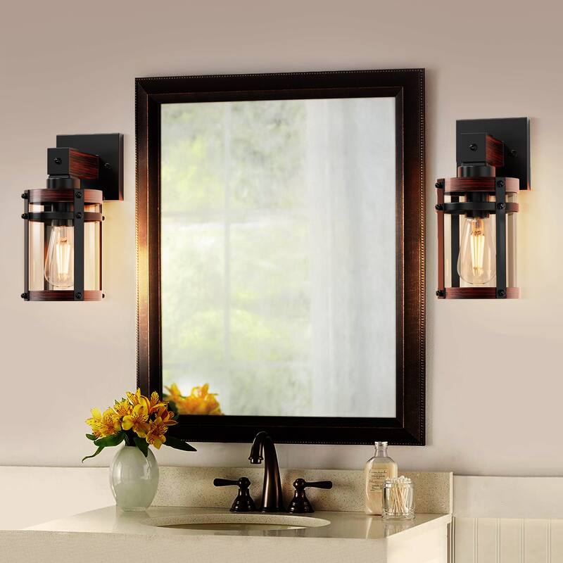 YANSUN Vintage Indoor Wall Sconce,Farmhouse Wall Lighting Fixture with Large Glass Shade for Hallways - 12.8 in. - 12.8 in. - Black
