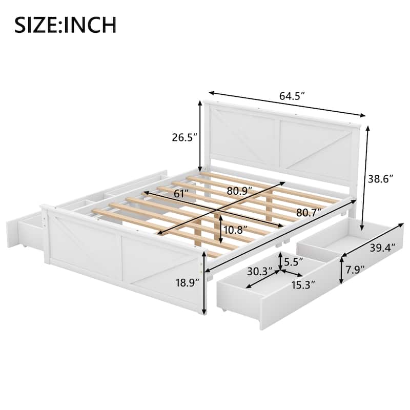 Queen/King Size Wooden Platform Bed with 4 Storage Drawers and Support Legs, Modern Bed Frame with Headboard and Footboard