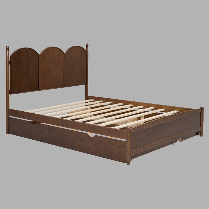 Multifunctional Queen Bed with 2 Large Drawers and Twin XL Trundle, Space-Saving Platform Bed - Walnut - Queen