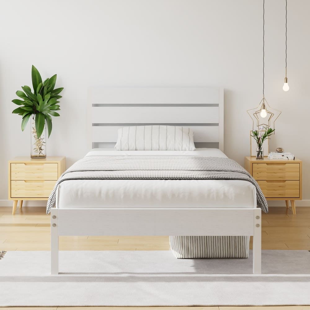 VECELO Industrial Wood Waterproof Headboard Bed Frame Quiet Heavy-Duty No Box Spring Needed Easy Assembly Bed Frame