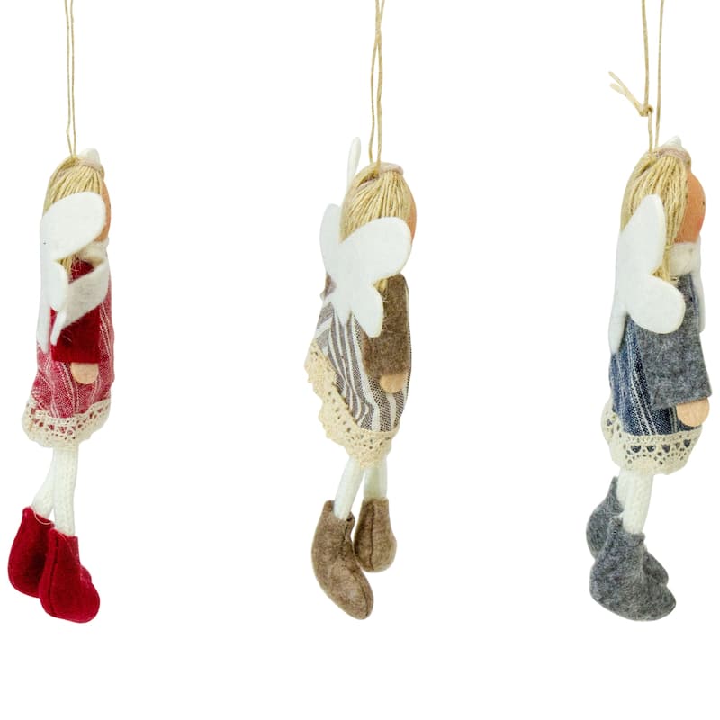 Angel Doll with Wings Christmas Ornaments - 6" - Red, Brown and Blue - Set of 3