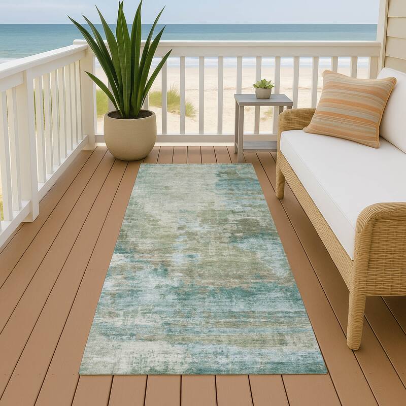 Machine Washable Indoor/ Outdoor Abstact Contemporary Chantille Rug - Sage - 2'3" x 7'6"