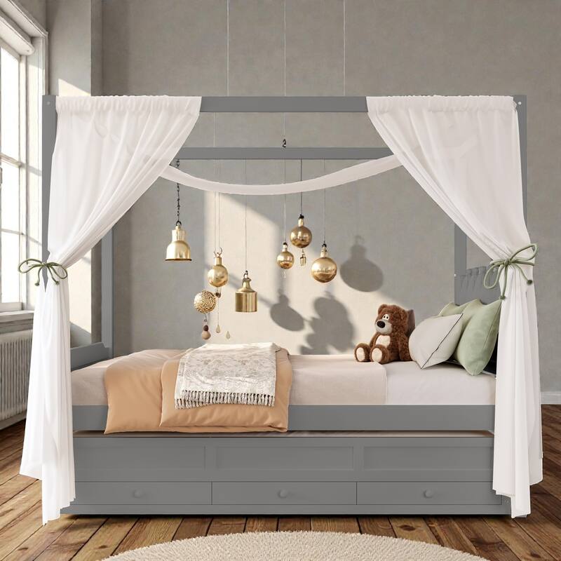 Princess Canopy Platform Bed with Upholstered Headboard, Trundle and 3 Drawers, Kids House Bed Frame with Storage