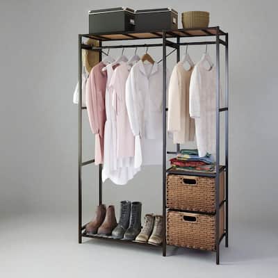 Vintage Brown Acacia Wardrobe Rack with 2 Wicker Drawers, Clothes Hanging Rods, Hooks & Shelves for Bedroom or Entryway