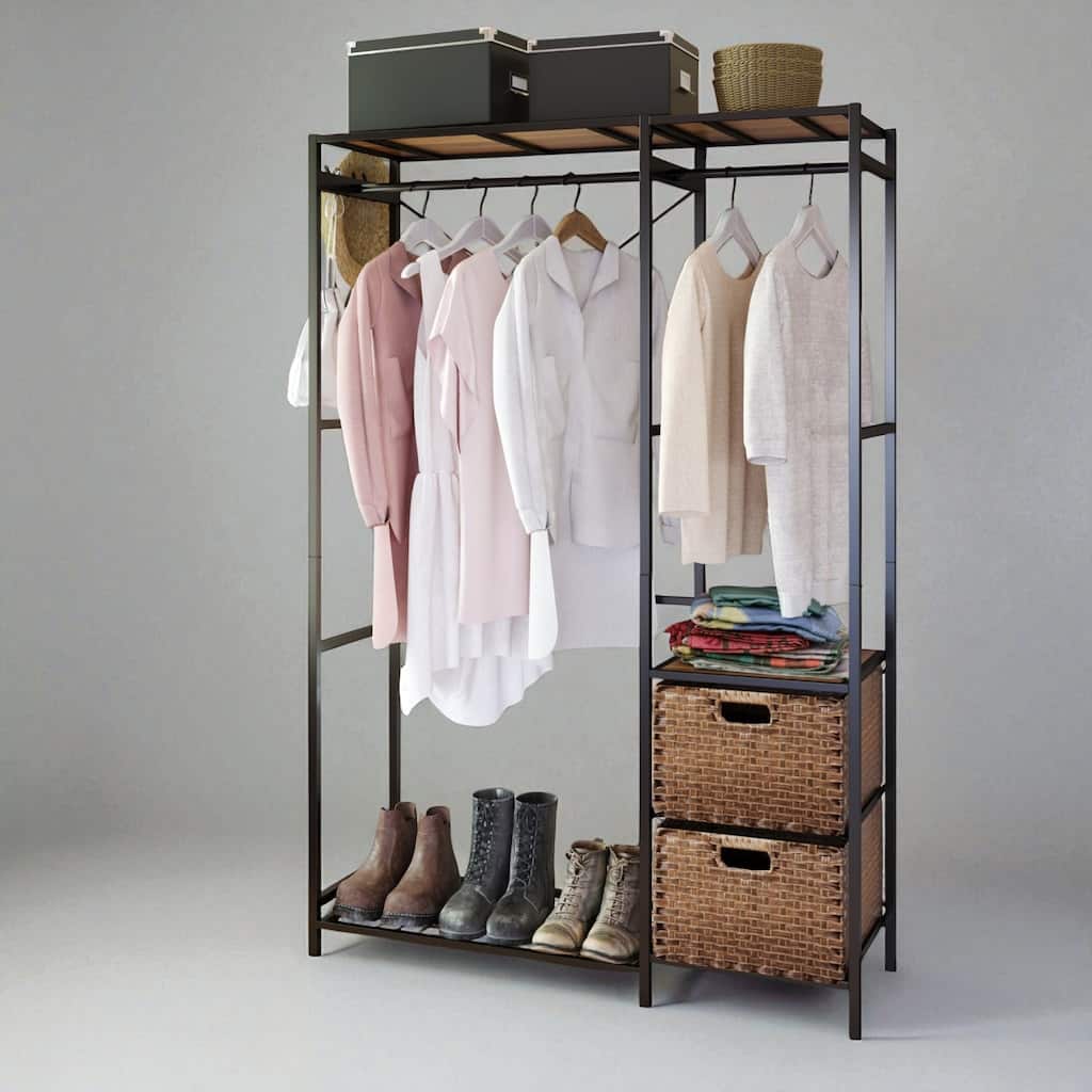 Vintage Brown Acacia Wardrobe Rack with 2 Wicker Drawers, Clothes Hanging Rods, Hooks & Shelves for Bedroom or Entryway