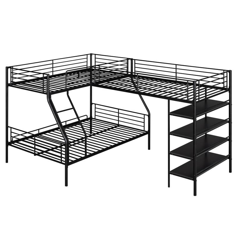 L-Shaped Twin over Full Bunk Bed with Twin Loft and Built-in Shelves, Black