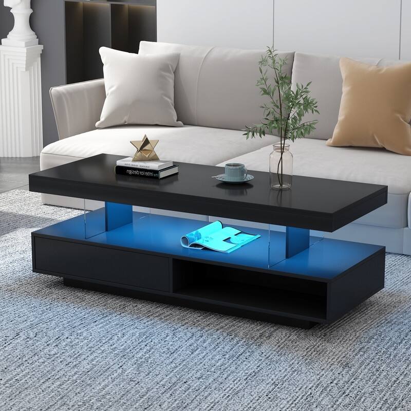 Modern Coffee Table with 2 Drawers and Display Shelves and LED Lights - Black