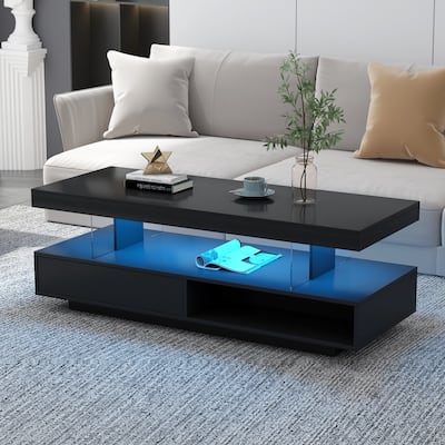 Modern Coffee Table with 2 Drawers and Display Shelves and LED Lights