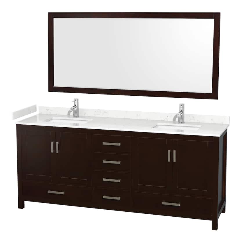 Sheffield Double Bathroom Vanity Set, Cultured Top, 70-Inch Mirror - 80-Inch Double - Espresso, Carrara Cultured Marble Top, Chrome Trim