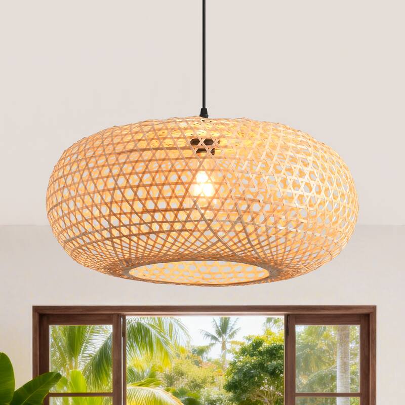 22" Bohemian Natural Bamboo Handmade Round Chandelier 1-Light Pendant Light