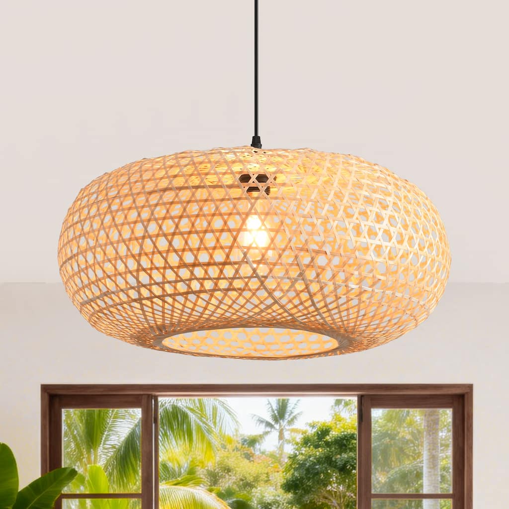 22" Bohemian Natural Bamboo Handmade Round Chandelier 1-Light Pendant Light