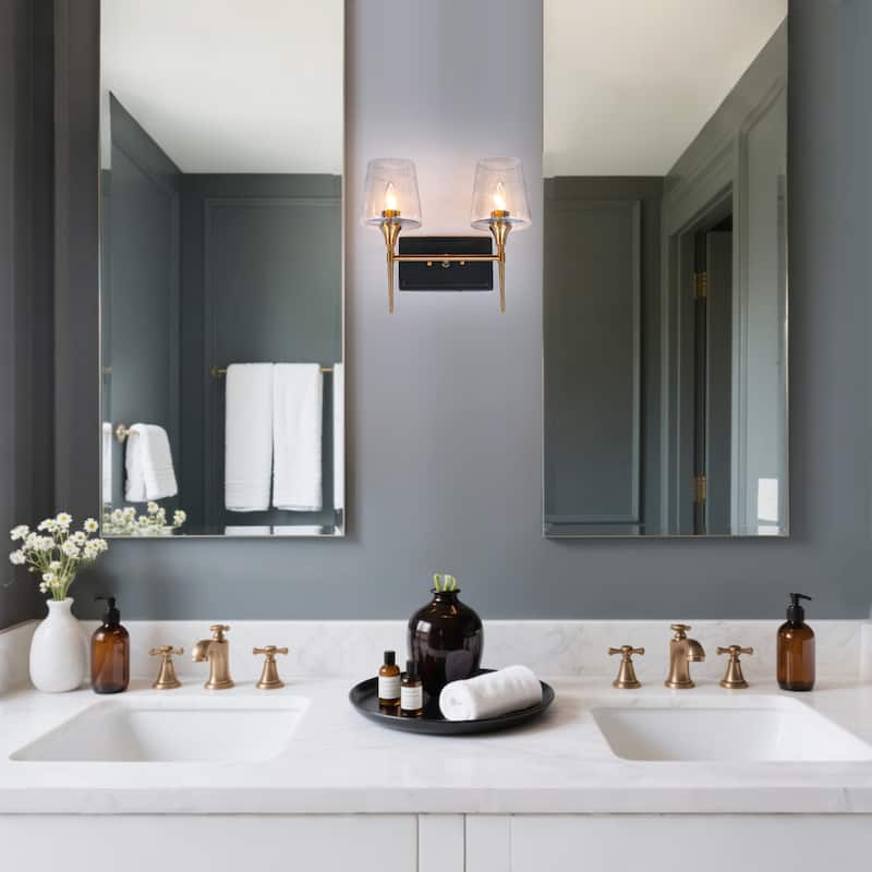 Kahlil Modern Black Gold 2-Light Bathroom Vanity Light Dimmable Wine Glass Wall Sconces - 13.5"L X 6.5"W X 12"H