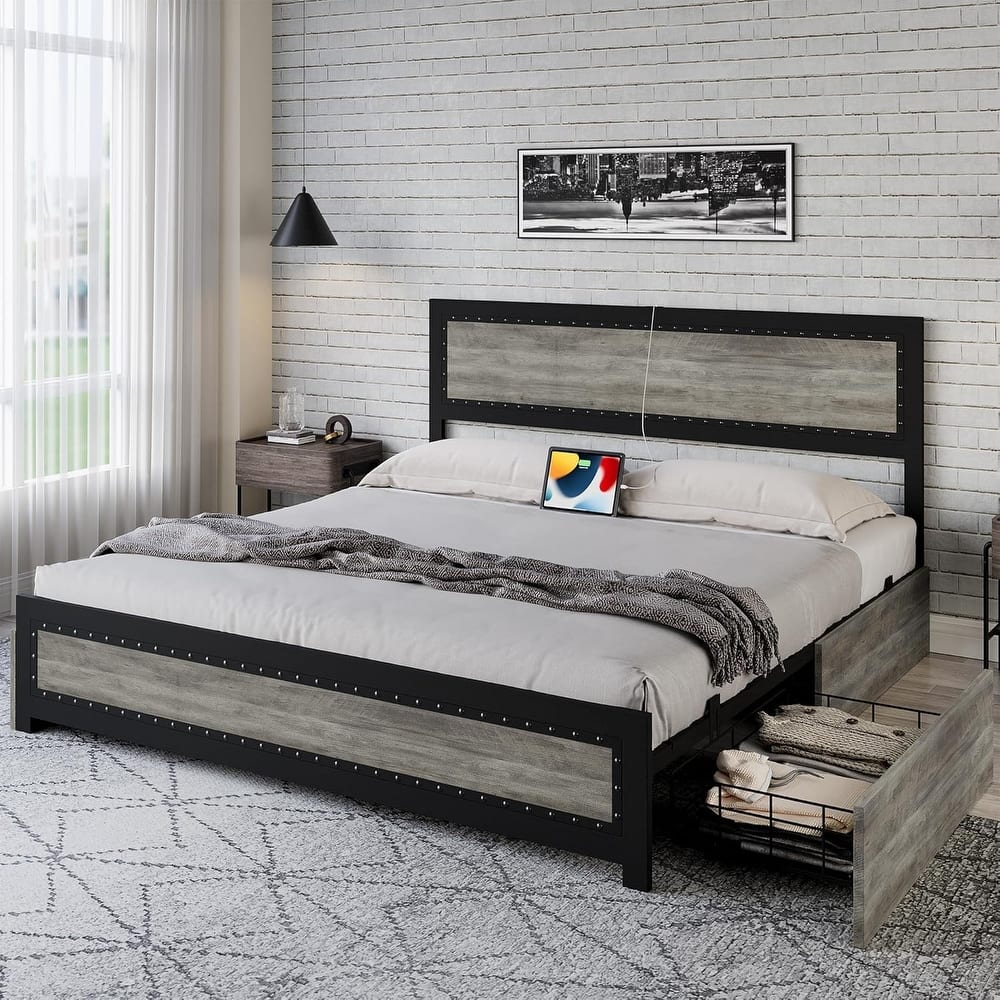Full/Queen/King Bed Frame With Headboard, Industrial Platform Bed Frame With 4 Storage Drawers and Charge Station
