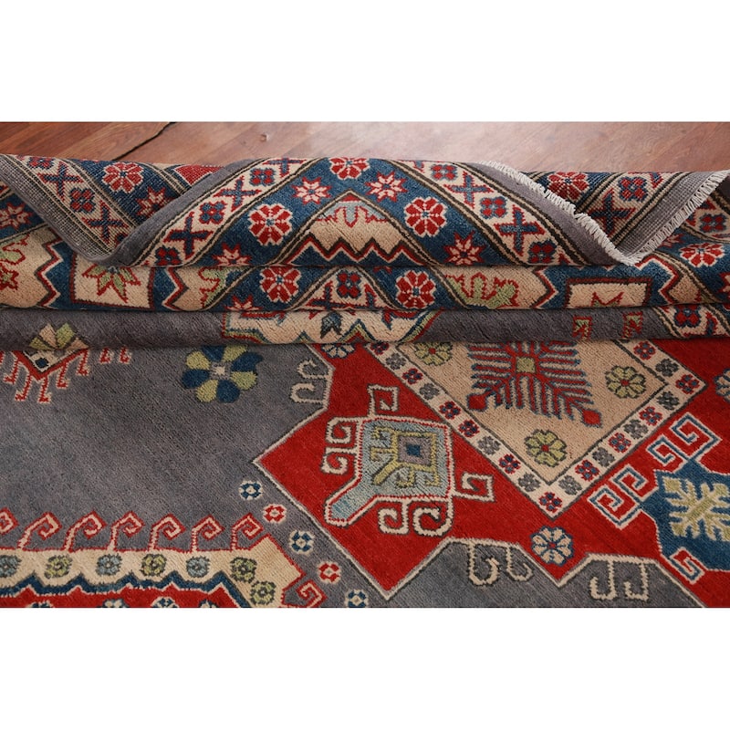 Hand Knotted Oriental 100% Wool Carpet Traditional Geometric Greys & Charcoal Kazak Area Rug - 13' 0'' X 9' 8''