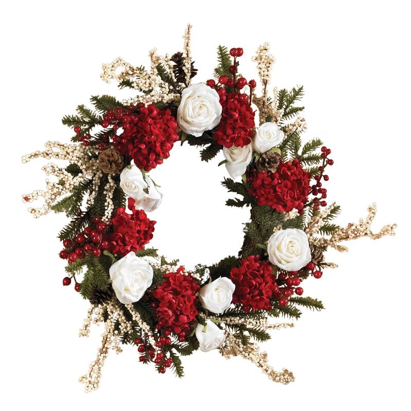 Hydrangea and White Roses Artificial Wreath, 24-Inch, Unlit