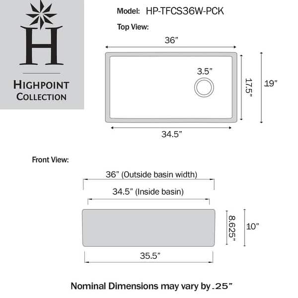 Highpoint Collection 36-inch Fireclay Farmsink with Grid and Drain - 36" x 19" x 10" - 36" x 19" x 10"
