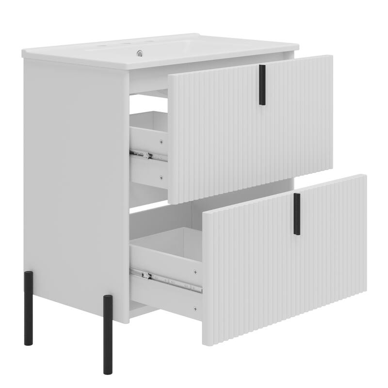 Roomfitters 30" Bathroom Vanity with Ceramic Sink, Vertical Pulls, Full-Extension Soft-Close storage units and Fluted Design