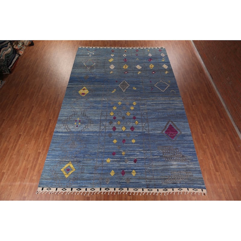 Blue Geometric Moroccan Large Area Rug Hand-Knotted Wool Carpet - 12'1"x 18'5"
