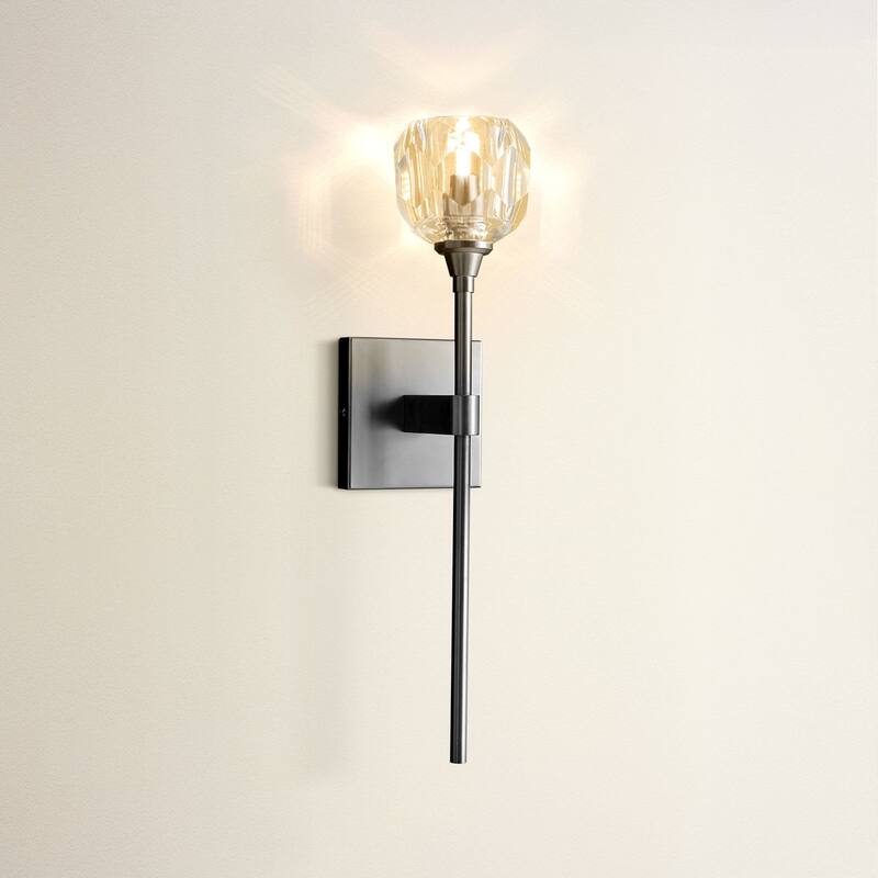 Modern Armed Wall Sconce - Metal, Glass & Matte Black, Crystal Clear 1-Light Wall Sconce for Bedroom or Bathroom in Modern Style