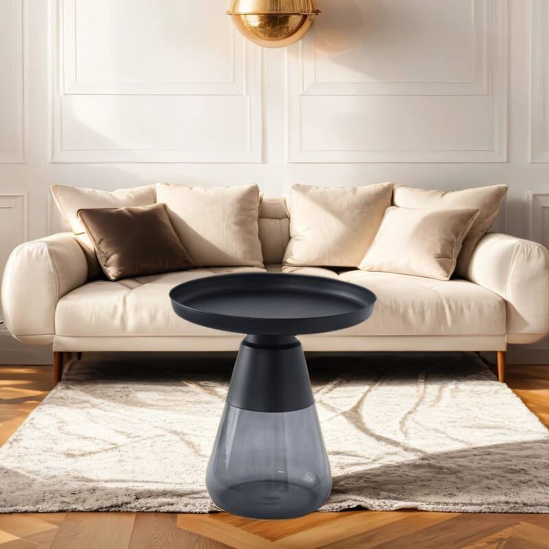 Nesting Table - Matte Black Tray Top with Smoky Glass Base - 19x20