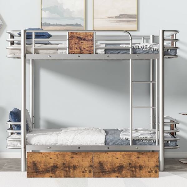 slide 2 of 11, Bunk Bed Twin XL Over Twin XL Metal Bed Frame with 2 Pull-Out Drawer, 3 Step Ladder, Full Length Guardrail, MDF Board, Silver Silver - Twin