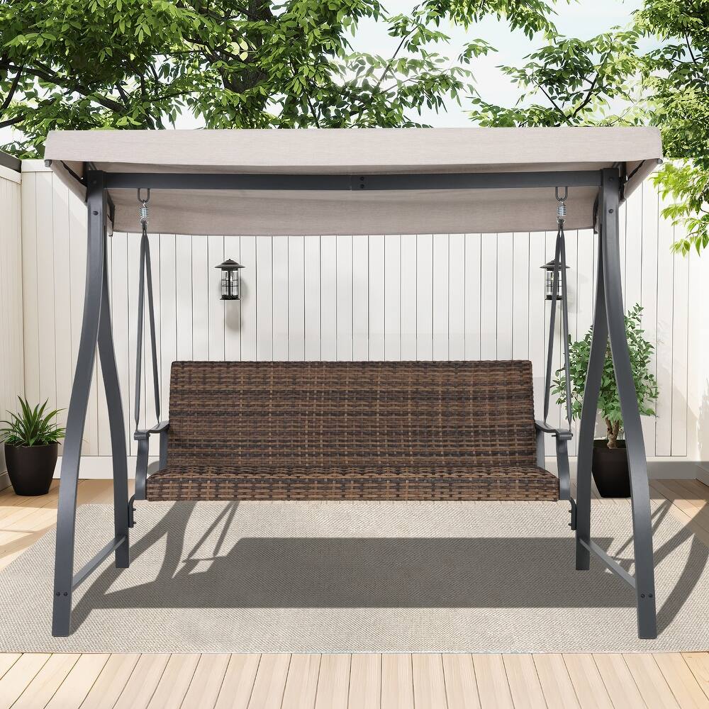 Aoodor 3-Seat Outdoor Rattan Patio Swing with Adjustable Canopy - Stylish Comfort for Your Porch, Garden, and Yard