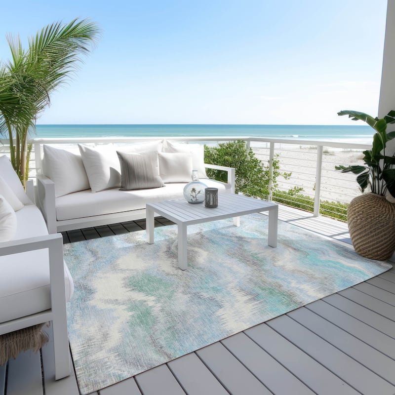 Machine Washable Indoor/ Outdoor Abstract Watercolor Chantille Rug